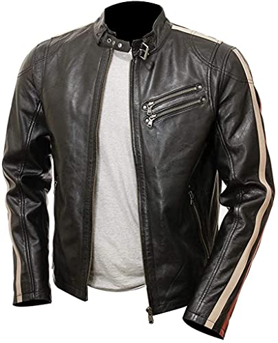 Veste en cuir noir pour homme Rayures blanches et oranges, Similicuir noir., XS Cover