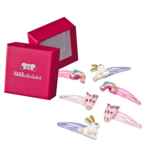 HAARallerliebst Haarspangen Set (6 Stück | Einhorn Regenbogen Hase | bunt) für Mädchen inkl. Schachtel zur Aufbewahrung (Regenbogen - pink)