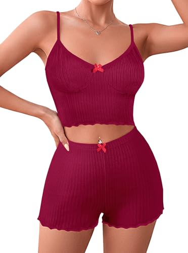 Image of Hilinker Womens Graphic Print Ribbed PJ Set Crop Cami Tops and Shorts Cute Pajamas Set