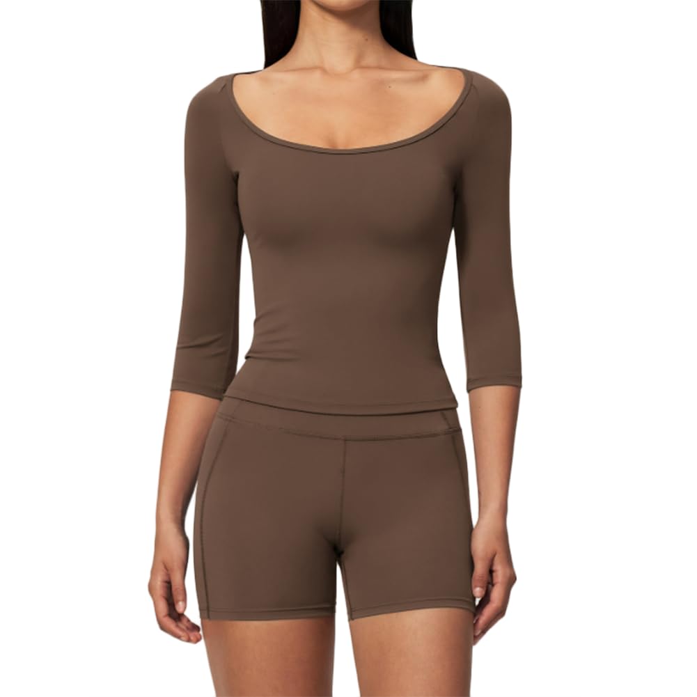 Top maniche mezze e shorts yoga a vita alta sollevaglutei | Top corto scollo a U maniche tre quarti con shorts yoga a vita alta sollevaglutei, tessuto stretch ad asciugatura rapida