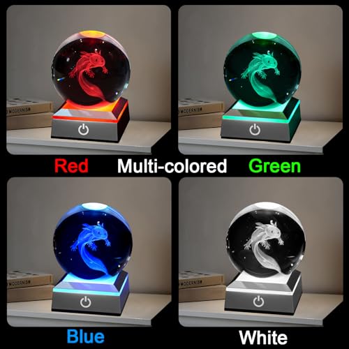 Image of 3D Axolotl Crystal Night Light with Multicolor LED Base Glass Laser Engraved Axolotl Figurines Gifts for Boys Girls Lovers Birthday Christmas Room Decor (Axolotl-1)