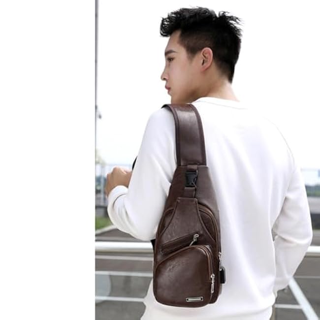 Leather Sling Bag for Mens,Crossbody Backpack with USB Charging Port for Men Travel Outdoor Sports