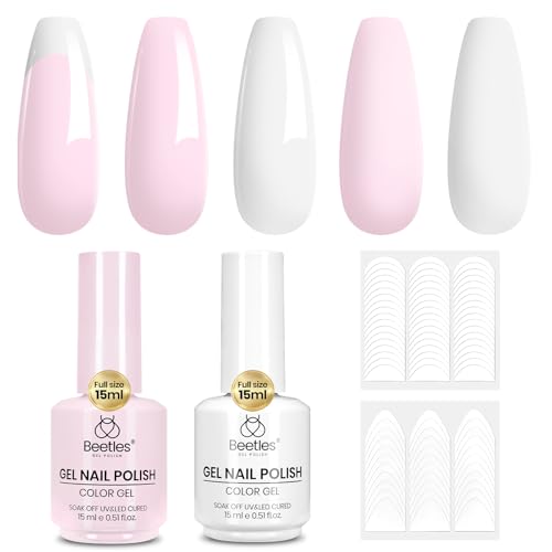 Image of Beetles French Tip Gel Polish Set with White Pink Polish and Stickers | 15ML Full Size White Pink Gel Polish with 2 French Nail Art Sticker Sheets for DIY Manicures