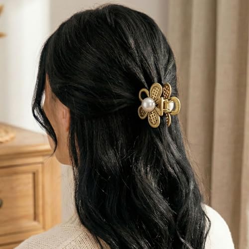 Image of Radhu & Kabby Metal Flower Pearl Hair Claw Clip Pack | Black, Silver & Gold Mini Floral Claw Clips for Women | Strong Grip Stylish Vintage Pearl Center Hair Accessories | Pack of 3