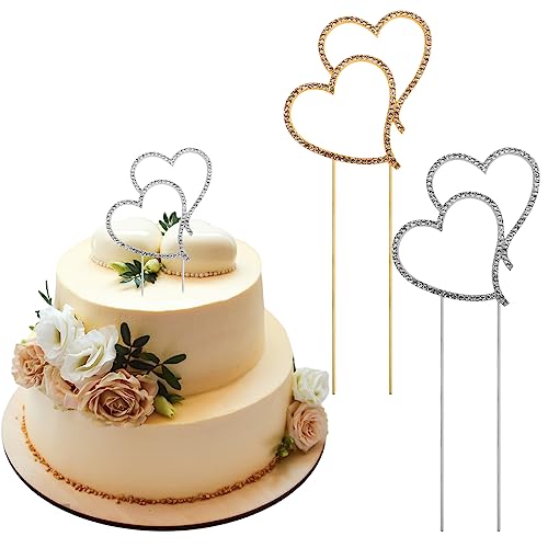 2Pcs Heart Shaped Cake Toppers, Rhinestone Cake Toppers, Personalized Cake Decoration, Elegant and Romantic, Suitable for Birthday Party, Wedding, Valentine's Day (Gold, Silver)