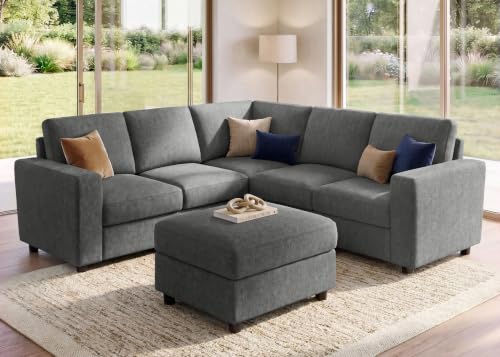 Image of HONBAY Sectional Sofa, 6 Seats 80 Inch L Shaped Couch with Ottoman Pet-Friendly for Small Apartment Living Room, Light Grey