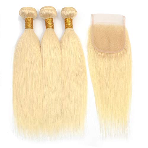 JGMI 613# Platinum Blonde Human Hair Bundles with Closure Brazilian Virgin Remy Hair Straight Hair Bundles with 4×4 Lace Closure (14"16"18"+12", bundles with closure)