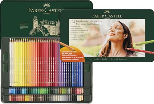 Faber-Castell 210061 - Crayons de couleur Polychromos pour artistes, 102 stylo dans un étui métallique, coffret de crayons de couleur pour adultes