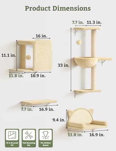 Estantes de pared para gatos 5 en 1 en madera y terciopelo beige miniatura 5