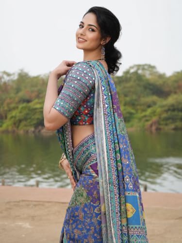 Image of Sidhidata Women's Chinon Ajrakh Printed Mirror Patch Work Saree With Unstitched Blouse Piece (Rangrezz Blue Blue Free Size)