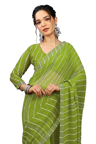 Image of MIRCHI FASHION Saree for Woman Georgette Solid with Satin Stripes | Stone Border Farewell and Ceremonial Sari with Blouse Piece