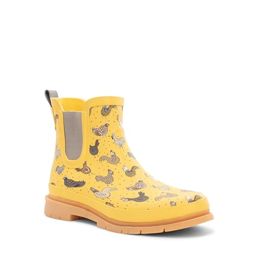 Western Chief Chelsea Waterproof Rain Boots for Women Offers Rubber Upper, Textile Lining, and Synthetic Outsole Hen Frenzy 9 M