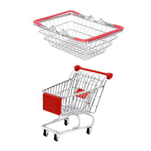 Kids Pretend Shopping Toys Grocery Basket and Mini Shopping Trolley Set for Preschool Role Play 5.71X4.13X3.35In Durable Portable Shopping Cart and Basket for Fun Learning