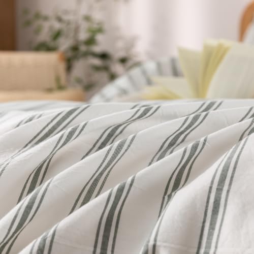 Image of BESTOUCH Striped Cotton Duvet Cover Set Linen Feel Twin | 100% Washed Cotton, Soft Wrinkle Texture, Hidden Zipper, 8 Ties, Breathable Lightweight Durable Comfy, 2 Pcs No Insert