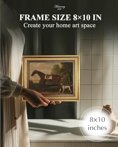 Image of HUARCEY Gold Framed Vintage Wall Art for Living Room, Animals Painting Prints Shelf Decor for Kitchen, Aesthetic Bedroom Wall Art, Best Gifts for Friends or Family - Human Horse Dog 10L x 8W