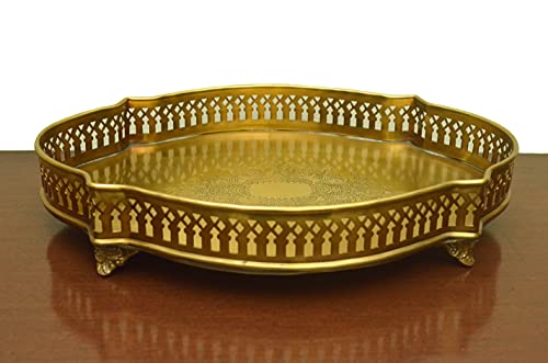 Image of Tangerine Matte Finish Decorative Brass Serving Tray with Cut Work Design Oval (15 inches)