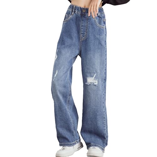 Girls' Wide Leg Baggy Jeans Elastic Wasit Pull On Denim Casual Pants