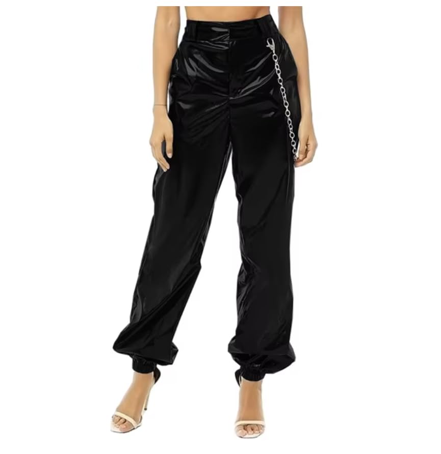 Pantaloni in pelle sintetica in PVC Pantaloni di grandi dimensioni a vita alta elastici larghi a bocca Pantaloni casual in pelle da strada, personalizzabile