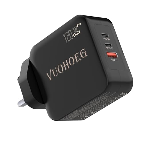 120W GaN USB C Charger Plug UK, 3-Port Fast Wall Charger (2 USB-C + USB-A), PD 3.0 PPS Multiport Charger for MacBook Pro/Air, Pixelbook, ThinkPad, XPS, iPad Pro, iPhone 16/15, Galaxy