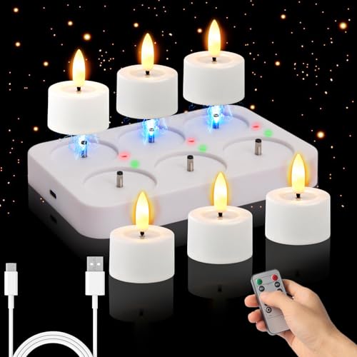 Rechargeable Flameless Tea Lights Candles with Timer Romote 1.5x 2 Small Votive Candle Battery Operated with USB Charging Base Electric LED Candles for Wedding Centerpiece Table Decor (6 Pack)