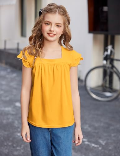 Image of Arshiner Girls Shirts Short Sleeve Square Neck Summer Lace Openwork Pleated Tops Blouse Tunic