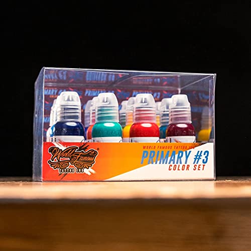 World Famous Tattoo Ink - 12 Primary Color Tattoo Kit #3 - Professional Tattoo Ink In Color Assortment, Includes White Tattoo Ink - Skin-Safe Permanent Tattooing - Vegan & Non-Toxic (1 Oz Each) #TOP1