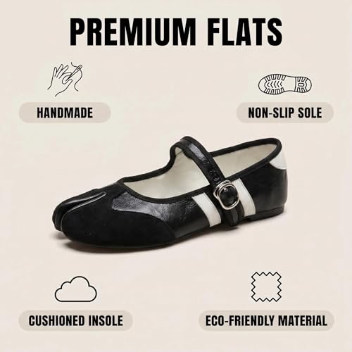 ZQW Women's Tabi Mary Jane Ballet Flats, Comfortable Wide Width Lightweight Adjustable Buckle Strap Cute Sporty Ballerina Round Split Toe Shoes for Daily Dressy Walking Casual Office Work (9.5,Black) by ZQW - Used condition - Image 4