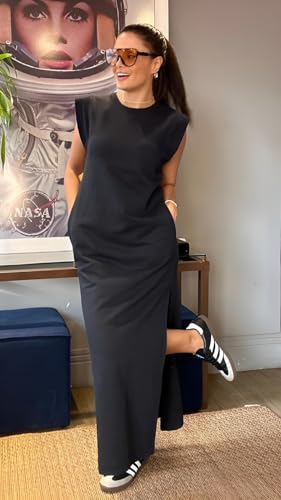 HiMONE 2026 Petite Women Year-Round Casual Round Neck Loose Split Wrinkle-Free Long Maxi Vacation Dress with Pockets Black — view 5