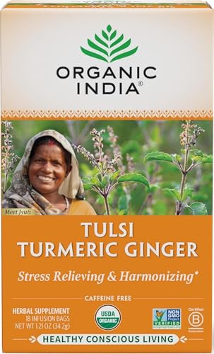 ORGANIC INDIA Tulsi Turmeric Ginger Tea Bags - Herbal Tea, Stress Relieving & Harmonizing, Immune Support, Healthy Inflammatory Response, Aids Digestion, Caffeine-Free - 18 Infusion Bags, 1 Pack
