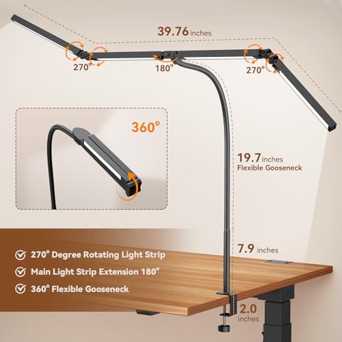 Image of Pzloz Led Desk Lamps for Home Office - Eye Caring Architect Lamp with Clamp, Double Head Computer Monitor Work Desk Light with Remote Control: 24W Flexible Dimmable Desktop Table Lamp