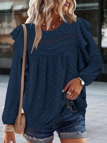 BETTE BOUTIK Womens Boho Fall Long Sleeve Shirts Crewneck Dressy Casual Blouses Trendy Flowy Tops