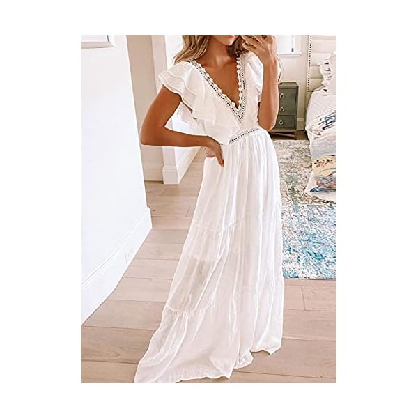 Bdcoco-Womens-V-Neck-Floral-Lace-Wedding-Dress-Short-Sleeve-Bridesmaid-Evening-Party-Maxi-Dress Bdcoco Womens Plunge V Neck Lace Maxi Dress Short Sleeve Cocktail Party Wedding Dresses White