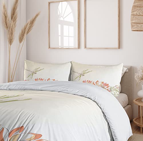 Ambesonne Dragonfly Duvet Cover Set, Lotus Flower Field Winged Bug Flying Oriental Blooms Print, Decorative 3 Piece Bedding Set With 2 Pillow Shams, Queen Size, Cream Peach Coral #TOP5