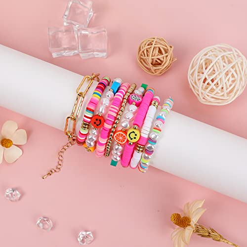 Colorful Heishi Surfer Bracelets Set for Women Stackable Clay Beaded Bracelets Disc Stretch Preppy Bracelets Smiley Face Friendship Bracelets Team Cheer Bulk Boho Summer Beach Jewelry Gift2
