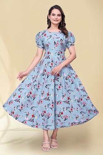 Image of Women's A-Line Crepe Maxi Dress | Stylish Fit and Flare Dress with Round Neck Short Puff Sleeves for Casual Wear