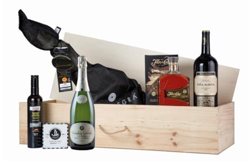 Lote Caja Jamón Premium Cesta de Navidad 7 productos con vino, paleta de jamón de bellota y otros