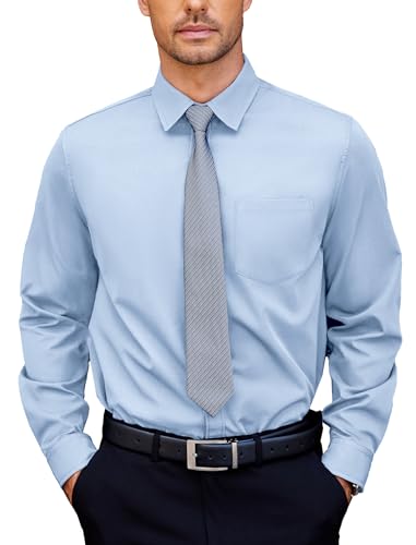COOFANDY Camisas de Manga Larga para Hombres Camiseta de Vestir Sencillas Camisas de Traje Transpirables Camiseta para Fiestas de Bodas Azul Claro L