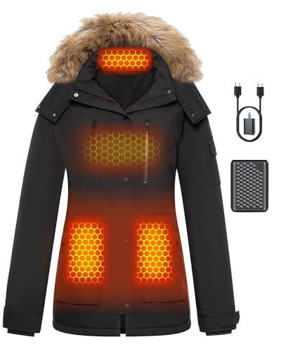 Women Puffer Graphene Heated Jacket Rechargeable Battery Pack Charger Included Lady Electric Warming Winter Down Long Coat USB Heating Apparel Clothes Hoodie Motorcycle Rain Insulated Warm Black