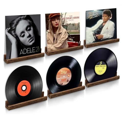 ELITEROO Vinyl Record Shelf Wall Mount, 6 Pack 12 inch Album Record Holder Display Vintage Vinyl Holders on Wall, Wooden Floating Shelves for Living Room, Bedroom, Kids Room, Music Room, Rustic Brown