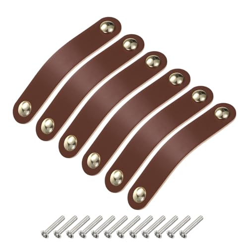 uxcell 6 Packs Leather Drawer Pulls Double Hole Leather Drawer Knobs Furniture Dresser Handles Pulls with Screws for Dressers Drawers Closet Cupboard Brown/Gold(Hole Spacing:96mm)