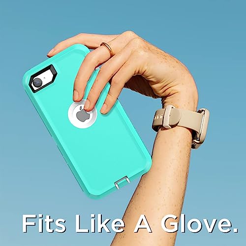 Image of AICase for iPhone SE Case 3rd & 2nd Generation, for iPhone SE 2022 /2020 Built-in Screen Protector Heavy Duty Protective Shockproof 3-Layer Full Body Rugged Phone Cover, Aqua Mint /White