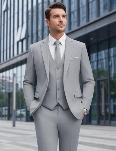 Image of WULFUL Men's Slim Fit Suit One Button 3-Piece Blazer Dress Business Wedding Party Jacket Vest & Pant
