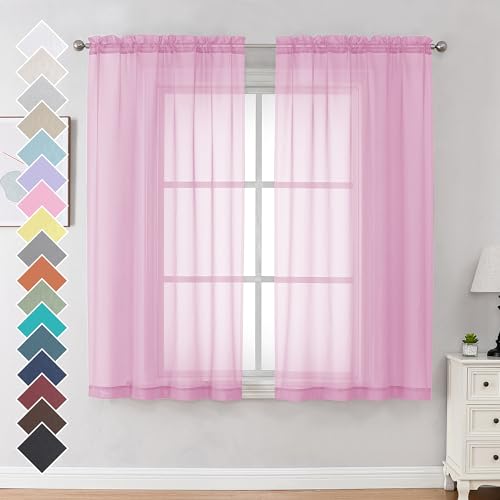 Image of OVZME 2 Pack Pink Sheer Curtains 63 Inch Length, Light Filtering Window Curtain Drapes Treatment for Kitchen, Bedroom Living and Children Room, Voile Top Dual Rod Pocket, 2 Pack of 42 x 63 inch