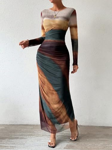 Image of LIGHT DOT Women's Printed Bodycon Maxi Dress Long Sleeve Tie Dye Mesh Ruched Cocktail Dress