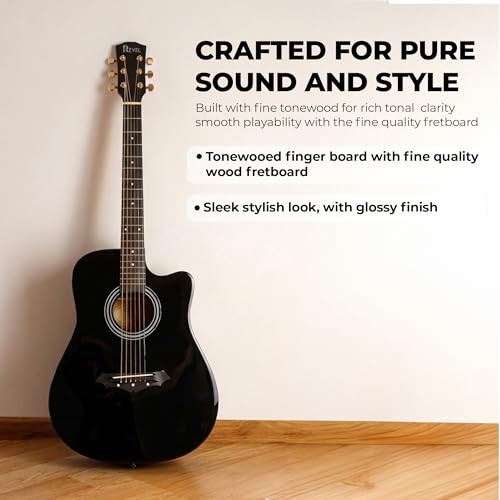 Image of Revel 38 Inch Glossy Acoustic Guitar for Beginners and Professionals with Signature Guitar Feel, Westwood Guitar Style Set with Picks. (BLACK)