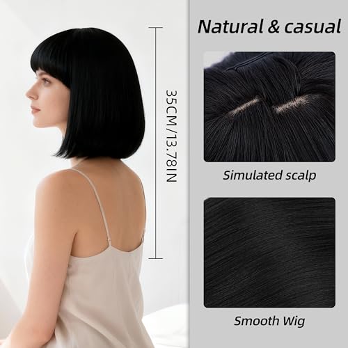 CATMEYE Schwarzer Bob-Perücke für Schwarze Frauen, 35 cm Natürlich Aussehendes Synthetikhaar, Verstellbare Atmungsaktive Haube,Kurze Perücke für Alltag & Cosplay Partys (Schwarz)