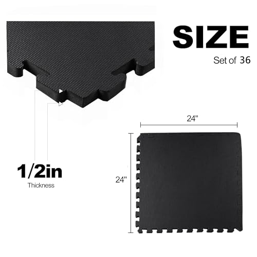 Elevon Puzzle Exercise Gym Flooring Mat, 1/2\" Thick EVA Interlocking Foam Tiles Workout Mat for Home Gym, Fitness Equipment, MMA, Gymnastics, 36 Tiles Shock-Absorbing Exercise Mat, Black (144 Sq Ft)