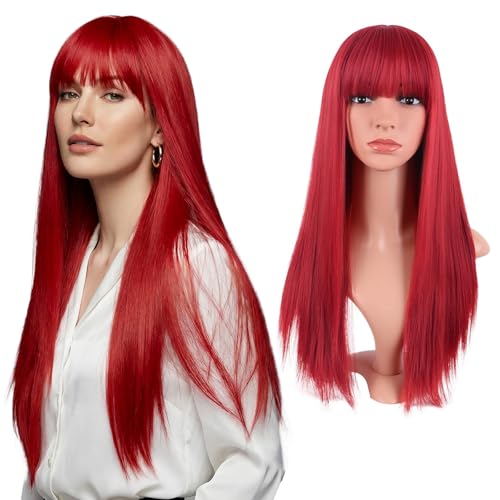 JSTHHTT Parrucche Lunghe e Dritte Rosso, Parrucca Donna, 24 Pollice/60 cm Ricci Resistente al Calore, Sintetica, liscia, Cosplay Lunga Capelli Della Signora Di Modo Festa, Uso Quotidiano (Rosso)