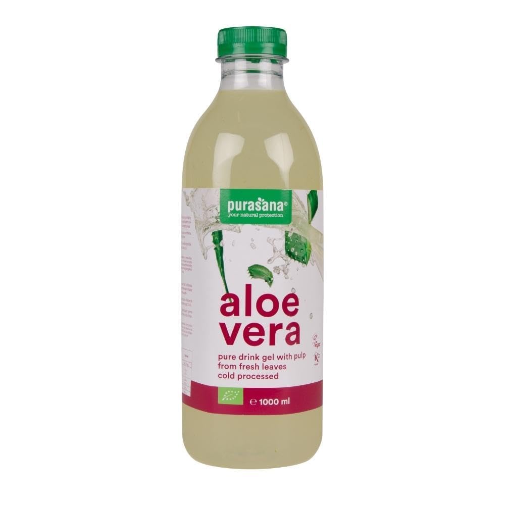 Puro Gel da Bere di Aloe Vera, Aloe biologica 99,3%. Gel estratto dall'interno della foglia. Polpa fresca. Non pastorizzato, senza acqua aggiunta. Digestione, sistema immunitario. 1 litro. Purasana