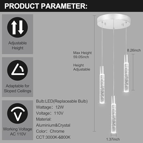 Image of 3 Light Pendant Light,LED Bubble Crystal Pendant with Dimmable,Chrome